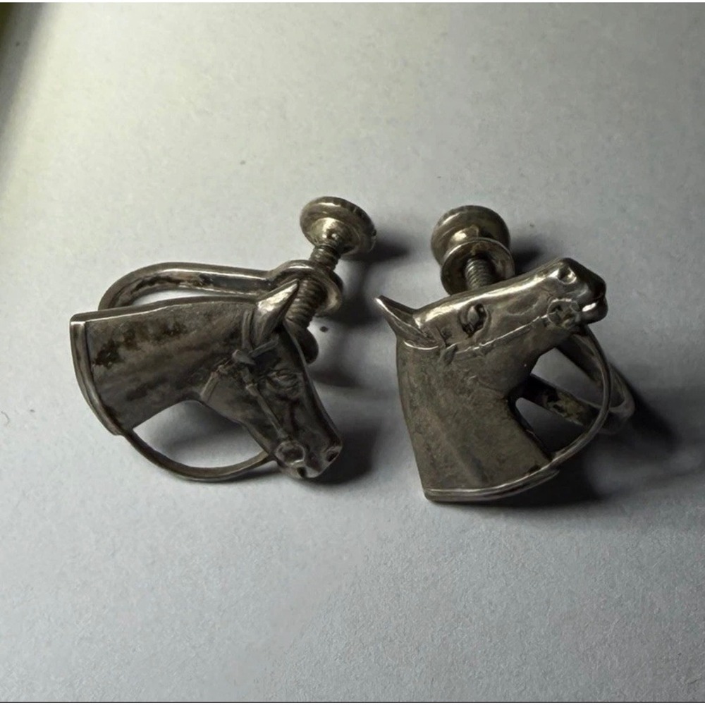 Vintage Sterling Silver 925 Horse Screw On Pair of Earrings Stamped STERLING
